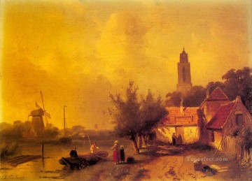  river Oil Painting - A River Landscape With Figures Charles Leickert